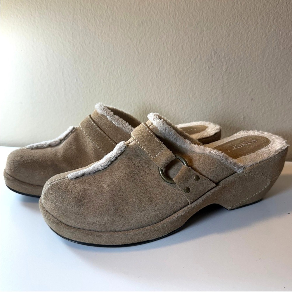 Sonoma‎ 8 Tan Elsie Straw Suede Sherpa Lined Clog Mule Buckle Boho Fall Winter